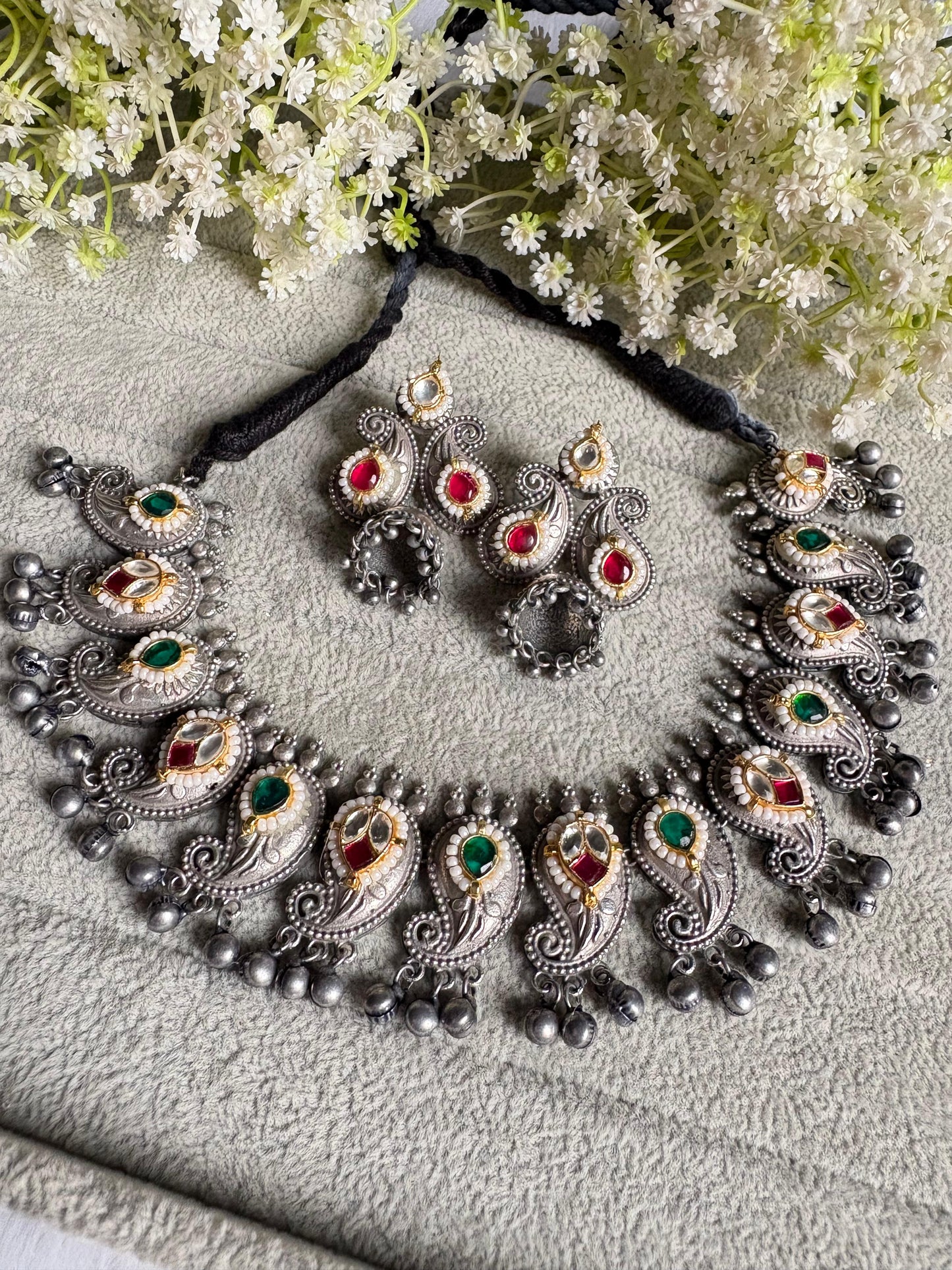 Meenakshi Gungharu Kundan Fusion Thread Necklace with Jhumka Earrings | Navratri Jewellery