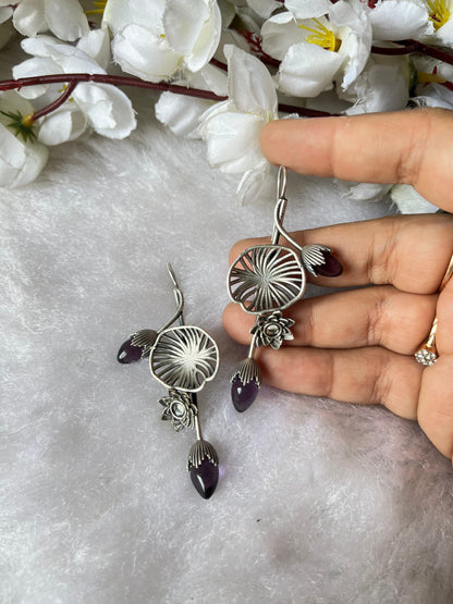 Lotus Bloom Silver Drop Earrings – Elegant Oxidised Floral Design with Stone Detailing