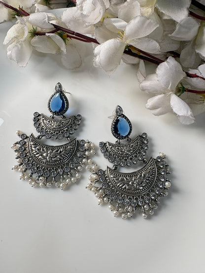 Silver Look Alike Chandbali Earrings With Pearl Fringe Brass Base Oxidised Finish Alankrent Ak Cbe - Alankrent Luxe