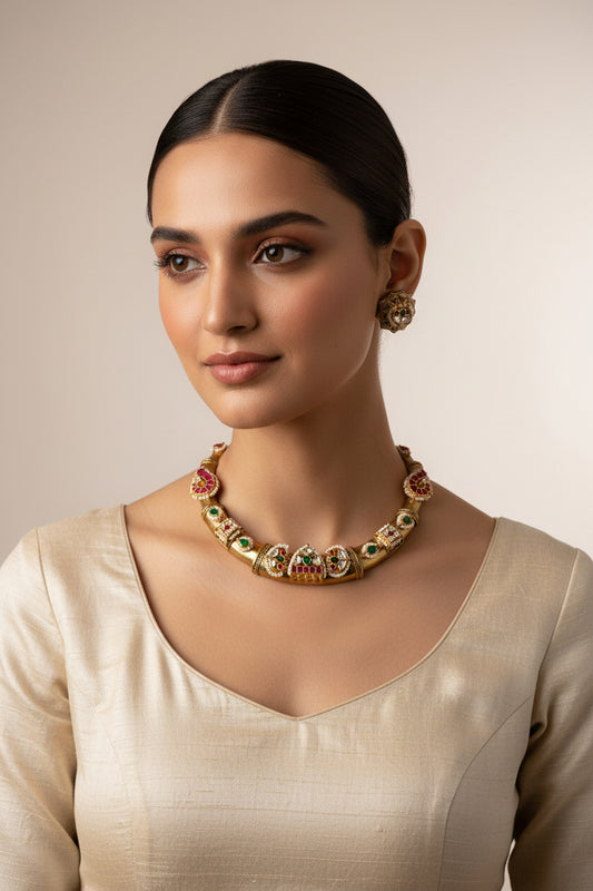 Royal Pacchi Kundan Gold Finish Choker Necklace Set With Multicolour Stones Earrings