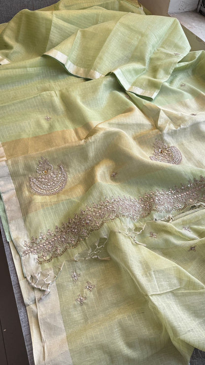 Premium Tissue Silk Banarasi Saree | Handcrafted Zardozi, Gota Patti & Pearl Work