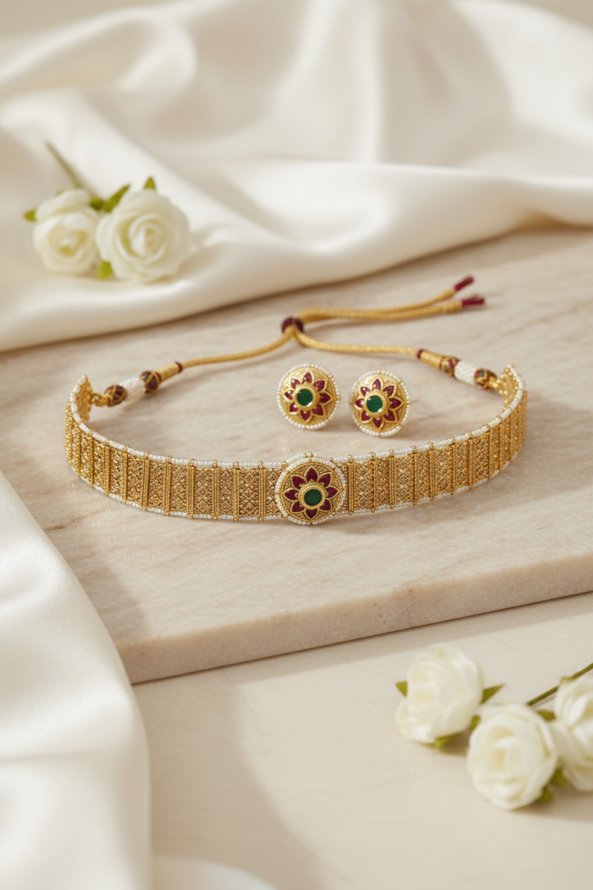 Padmika Gold Look Polki Choker Necklace Set with Matching Stud Earrings | Premium Bridal Jewellery