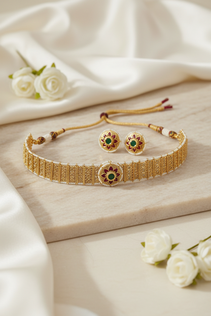 Padmika Gold Look Polki Choker Necklace Set with Matching Stud Earrings | Premium Bridal Jewellery