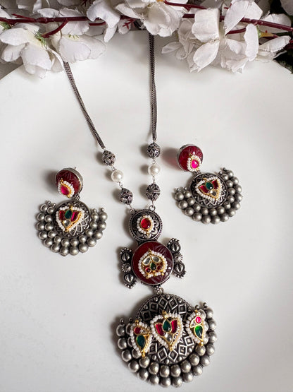 Vamika Rangoli Long German Silver Look Necklace Set with Kundan Fusion and Earrings