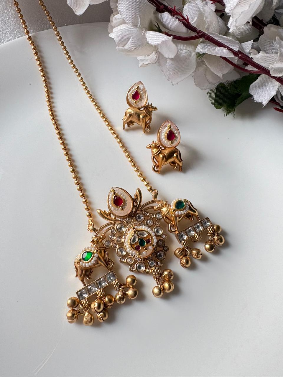Zehvya Gold Matt Kundan Cow Motif Long Necklace Set with Earrings | Handmade Brass Jewelry | Budget Kundan Jewellery India |  | Kundan Jewellery India | Premium Indian Jewellery