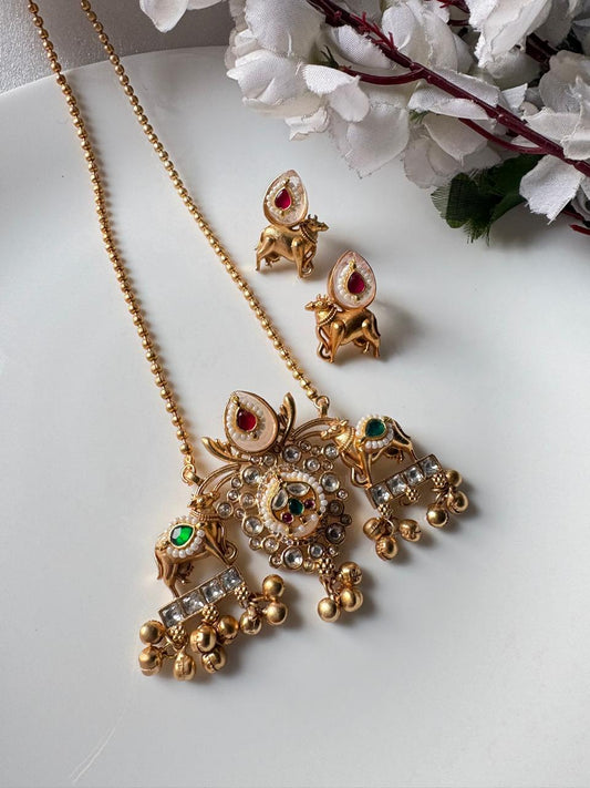 Zehvya Gold Matt Kundan Cow Motif Long Necklace Set with Earrings | Handmade Brass Jewelry | Budget Kundan Jewellery India |  | Kundan Jewellery India | Premium Indian Jewellery