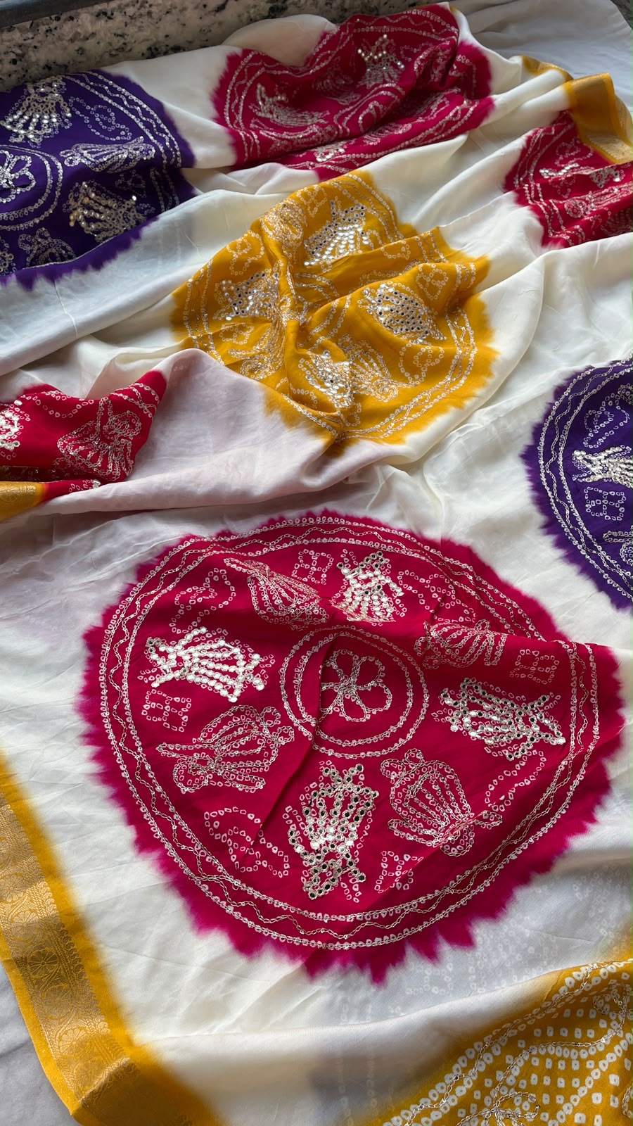 Rangsaaz Multicolour Pure Silk Bandhani Saree with Sequins Work & Banarasi Border