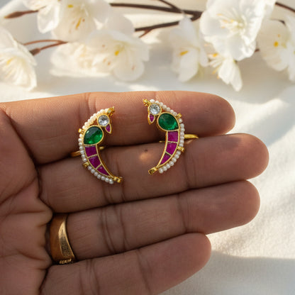 Premium Peacock Inspired Kundan Ear Cuff Bugadi with Pearl Border Wedding and Festive Jewellery Alankrent Luxe - Alankrent Luxe