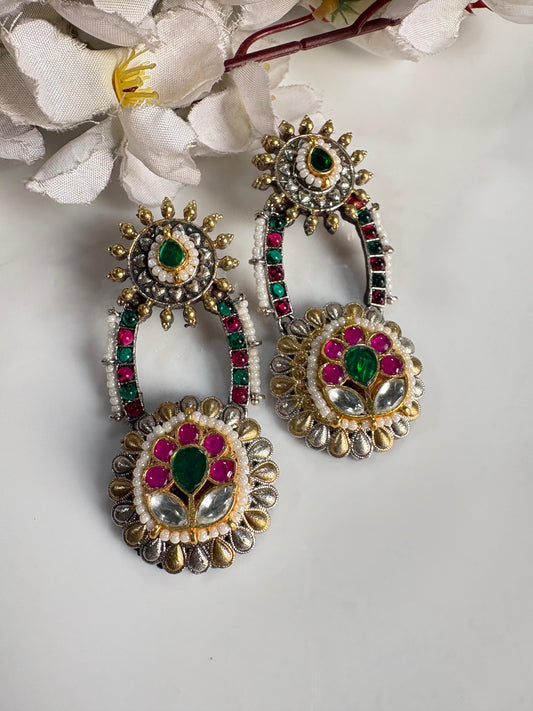 Dual Tone Sla Kundan Fusion Earrings Premium Ethnic Statement Earrings Ready Stock Alankrent Ak Er - Alankrent Luxe