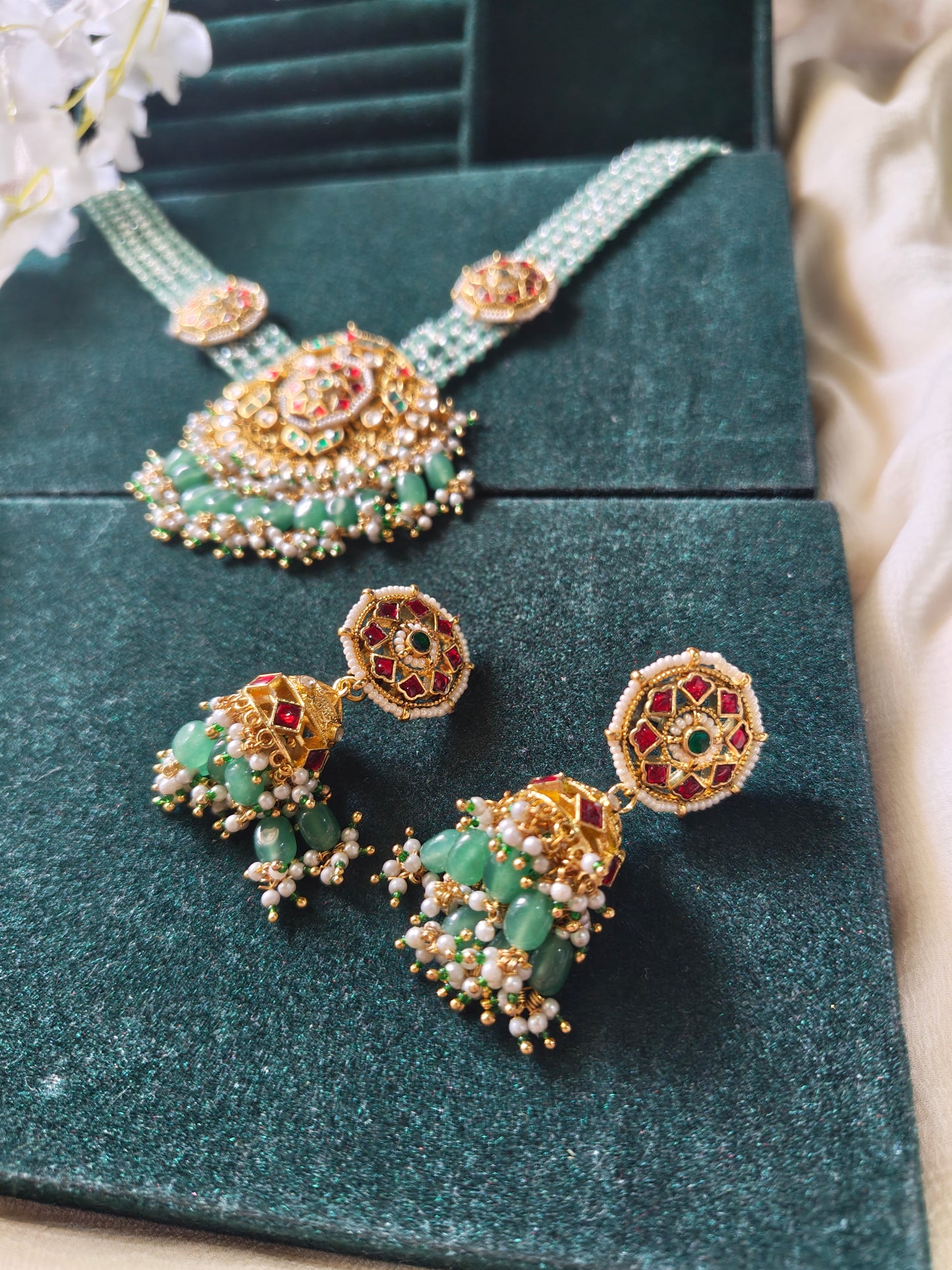Aarunya Polki Kundan Pearl Choker Set | Green Beaded Bridal Necklace with Jhumka Earrings