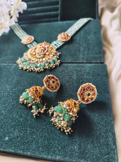 Aarunya Polki Kundan Pearl Choker Set | Green Beaded Bridal Necklace with Jhumka Earrings