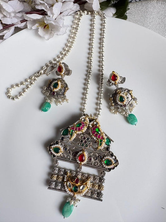 Aadhira Kundan Fusion Dualtone Long Necklace Set with Crystal Drops & Earrings | Alankrent Luxe