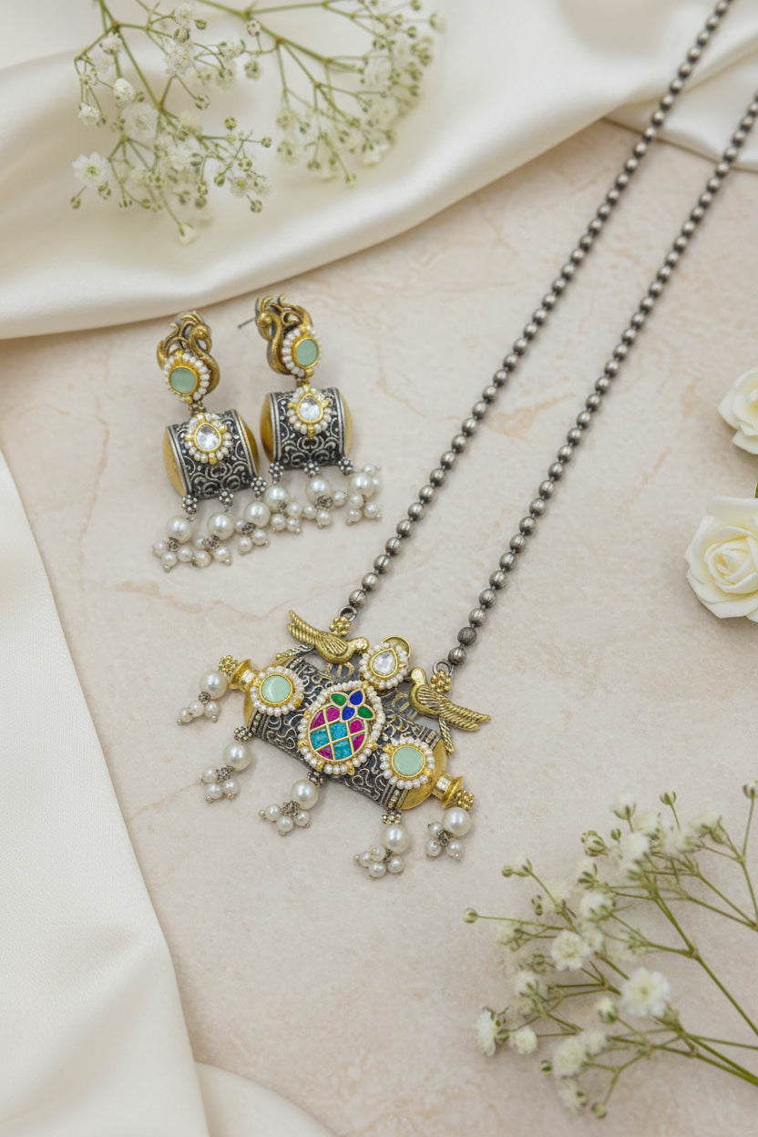 Mayura German Silver Kundan Fusion Pendant Set with Pearl Jhumka Earrings