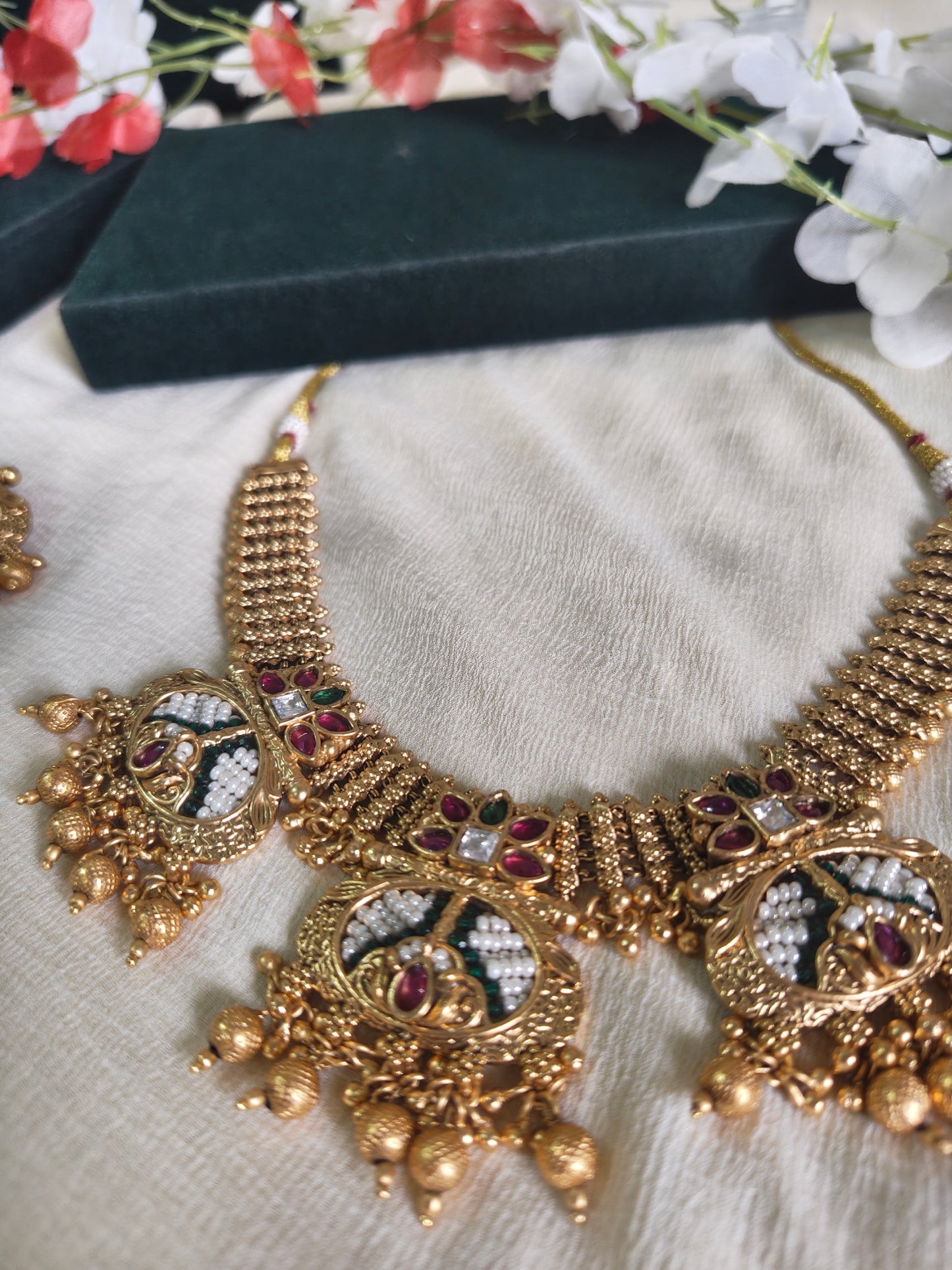 Rajvanshi Gold Lookalike Rajwadi Heritage Necklace Set with Temple Motif & Matching Earrings | Traditional Bridal Jewellery