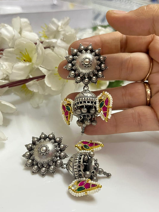 Antique Silver Look Kundan Jhumka Earrings | Handcrafted Brass Base with Pearl & Meenakari Detailing – Limited Edition