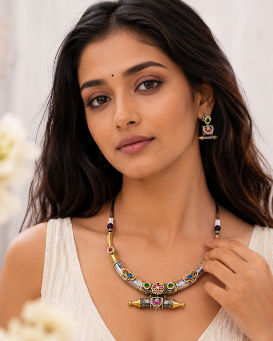 Royal Pachi Kundan Fusion Dual Tone Hasli Necklace Set with Earrings | German Silver Designer Hasli