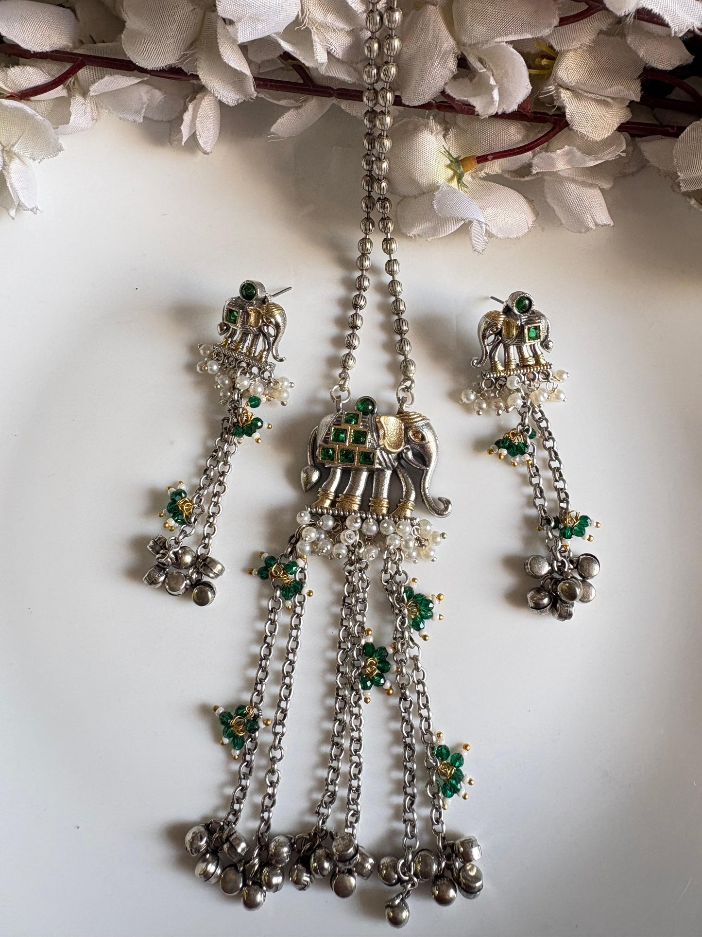 Royal Elephant Silver Necklace Set with Matching Earrings