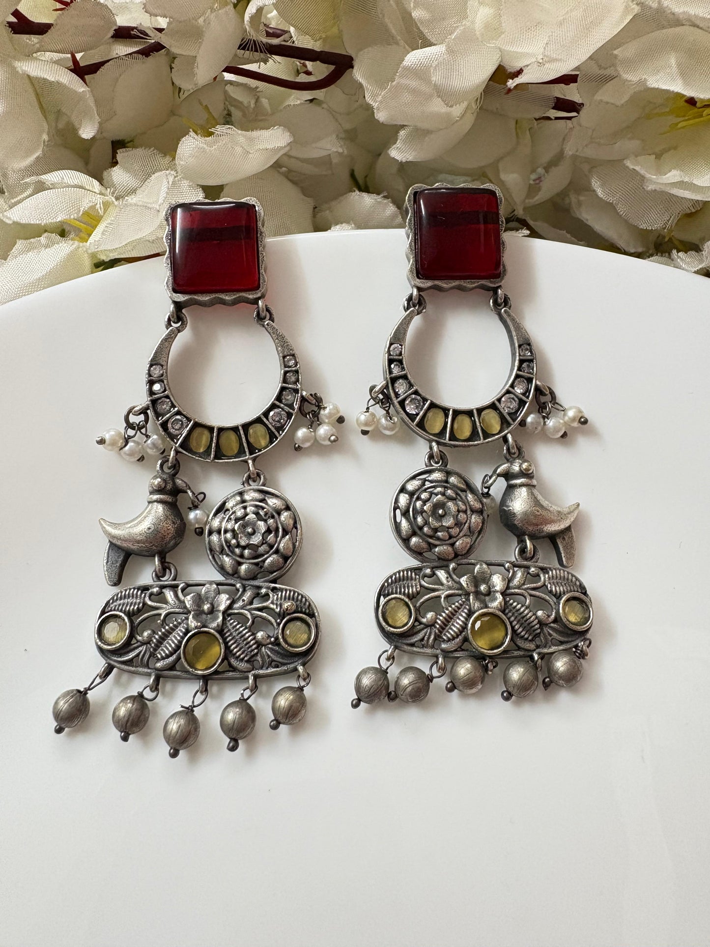 ELVORA Silver Look Statement Earrings with Bird Motif | Designer Ethnic Earrings