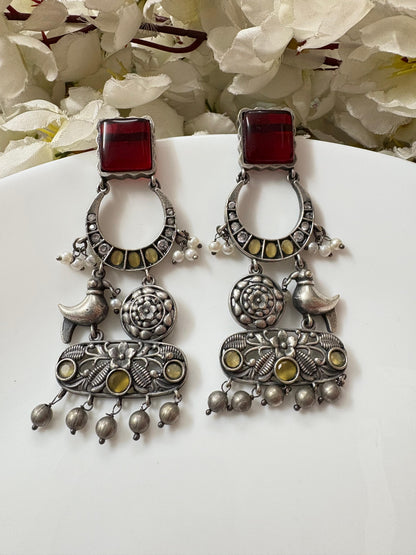 ELVORA Silver Look Statement Earrings with Bird Motif | Designer Ethnic Earrings