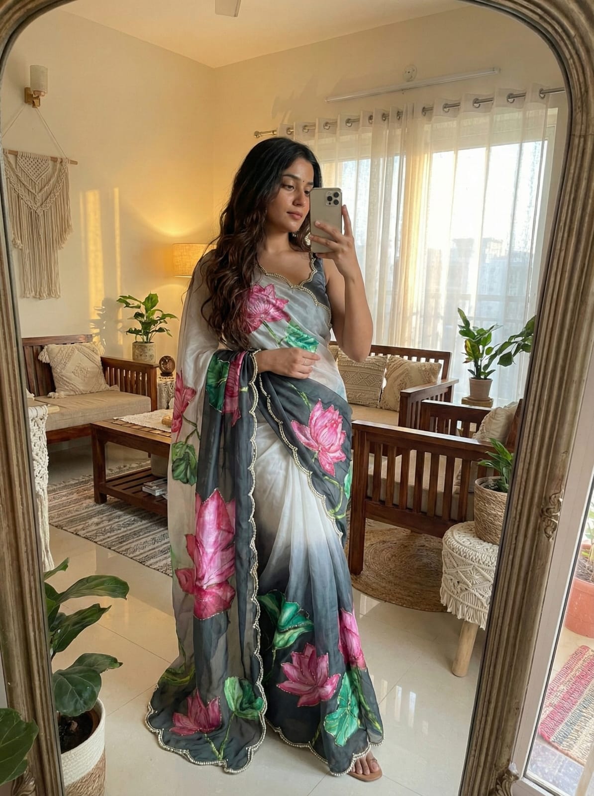 Luxury Silk Saree with Digital Floral Print & Cutdana Moti Border | Luxury Saree