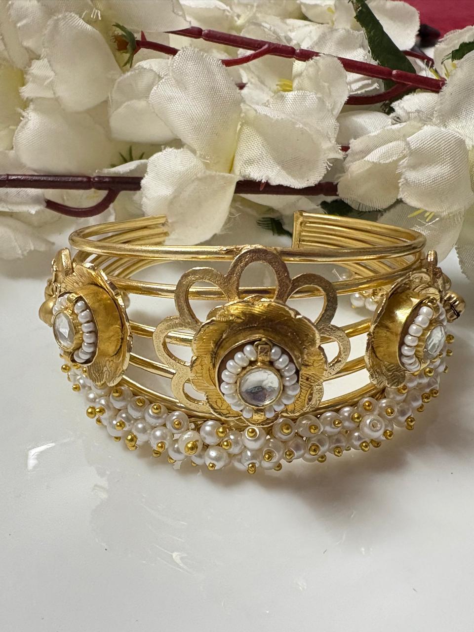 Traditional Antique Gold Tone Floral Kada/Handcuff with Pearl Danglers
