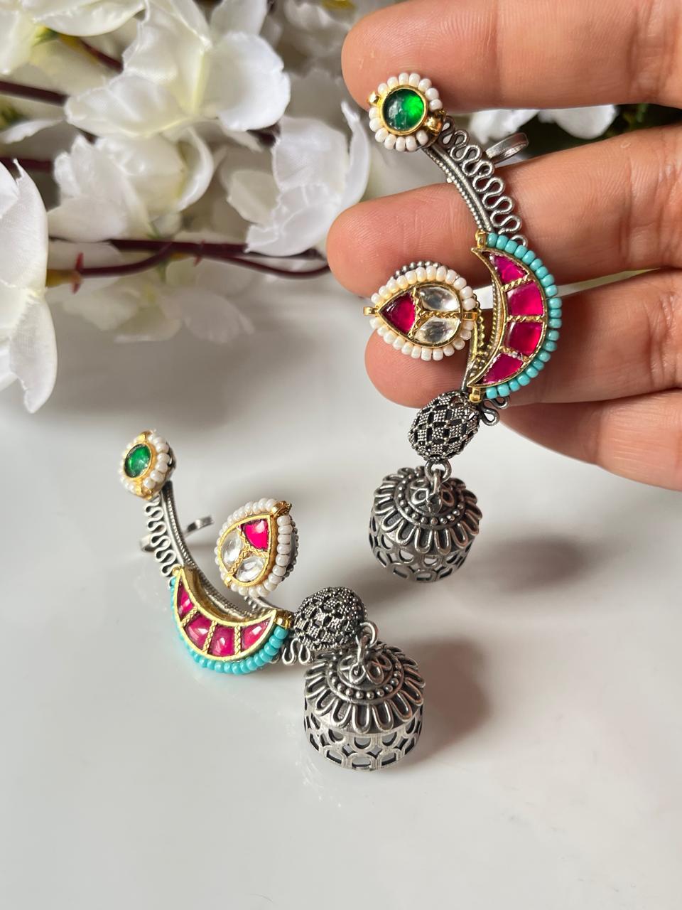 Aaradhya Pachi Kundan Fusion SLA Ear Cuffs – Colourful Navratri & Festive Jewellery