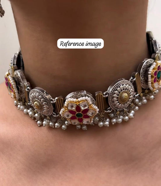 Noorava Dual Tone Kundan Choker Necklace Set with Earrings | Limited Edition