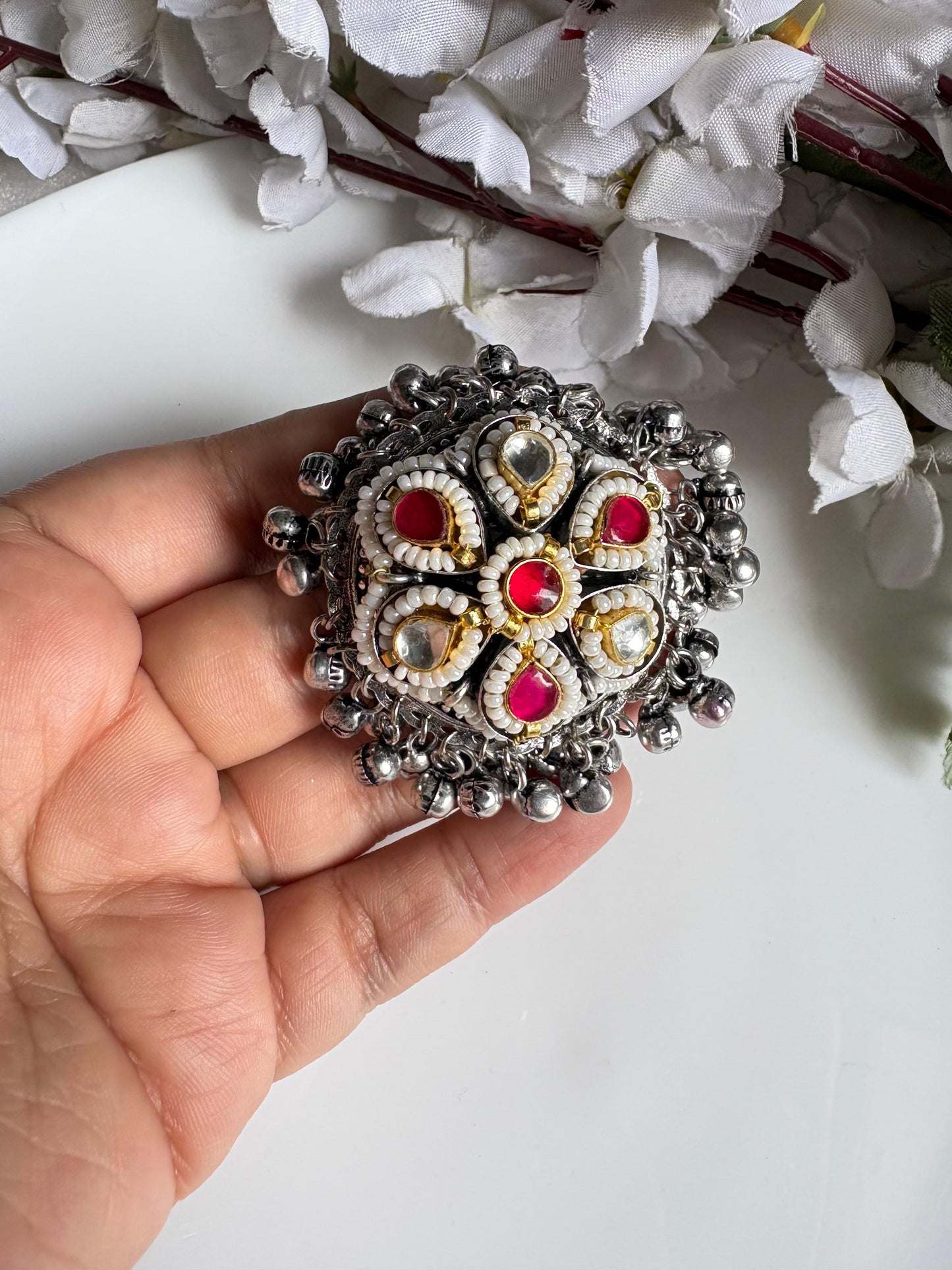 Zilmil Kundan Ring | Silver Tone Ghungroo Statement Ring for Women