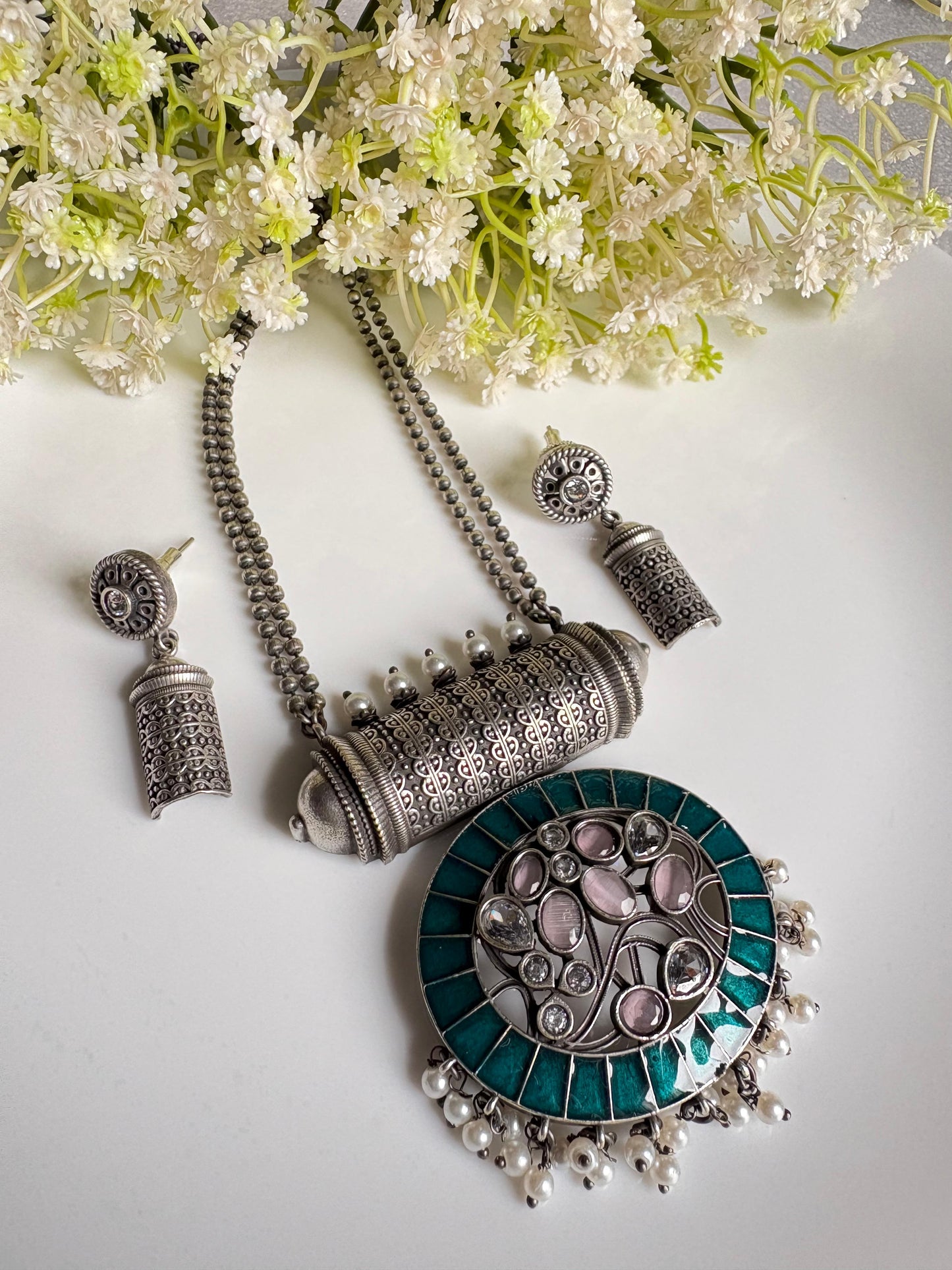 Rajat Vanya Premium SLA Pendant Set with Earrings | Oxidised Silver Look Indian Jewellery