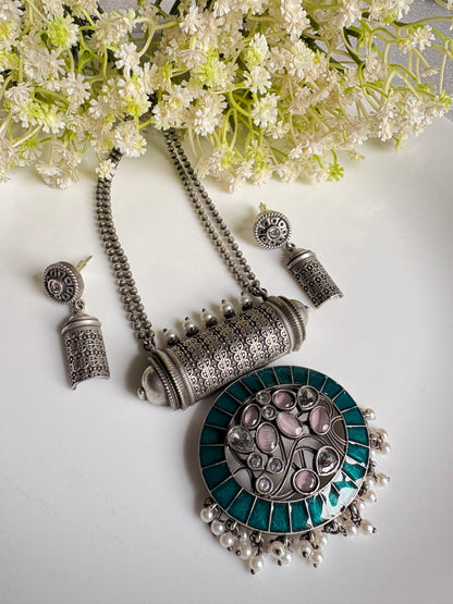 Rajat Vanya Premium SLA Pendant Set with Earrings | Oxidised Silver Look Indian Jewellery