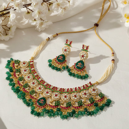 Emerald Kundan Peacock Choker Set with Earrings | Luxury Bridal Statement Necklace | Alankrent Signature Collection - Alankrent Luxe