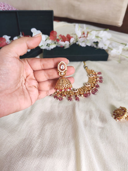 Vaidehi Gold Lookalike Jadtar Kundan Necklace Set with Rose Pink Bead Drops & Designer Jhumka Earrings | Bridal Jewellery