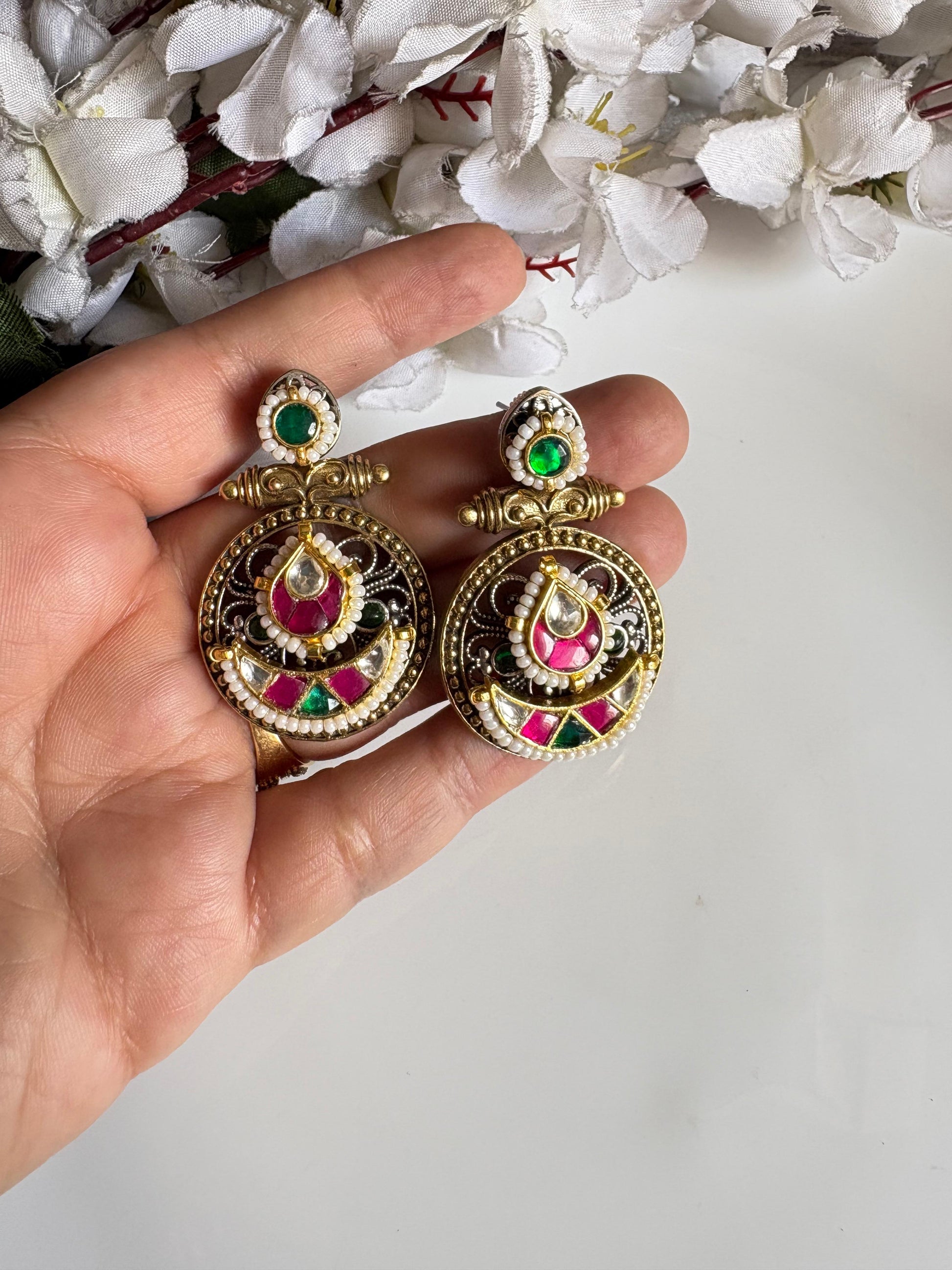 Aaradhya Vritika Dualtone Kundan Fusion Earrings with Pearl Detailing & Ruby Emerald Accents | Traditional Statement Stud | Alankrent by Alankrent