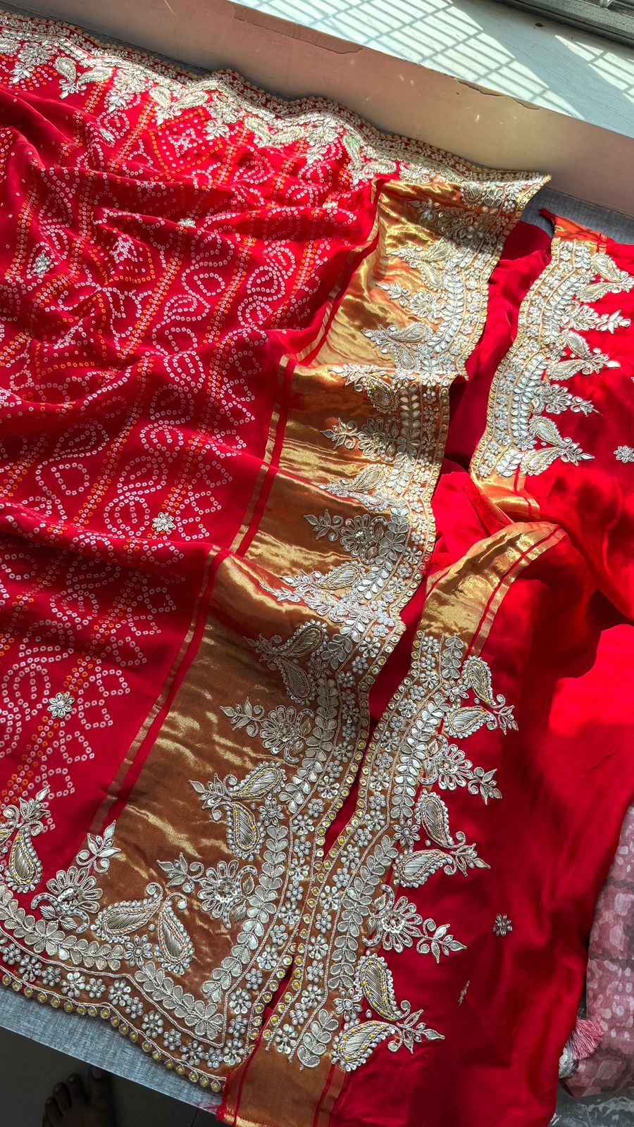 Luxury Gajji Silk Bandhani Saree with Zardozi & Gotapatti Work – Designer Bridal Saree