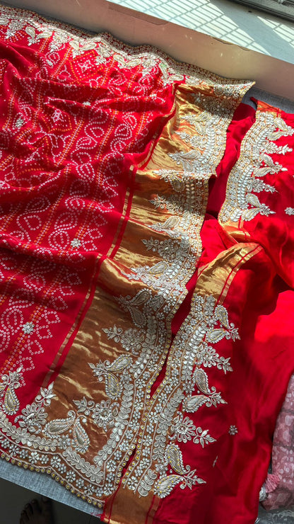 Luxury Gajji Silk Bandhani Saree with Zardozi & Gotapatti Work – Designer Bridal Saree