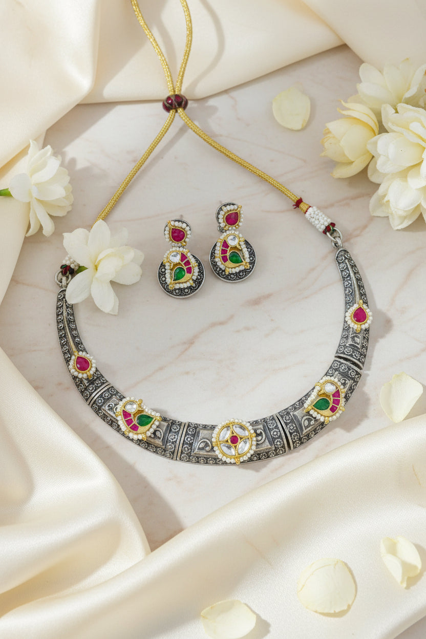 Rajatmayi Pachi Kundan Fusion Heritage Hasli Necklace Set with Earrings | German Silver Traditional Jewellery | Alankrent Luxe