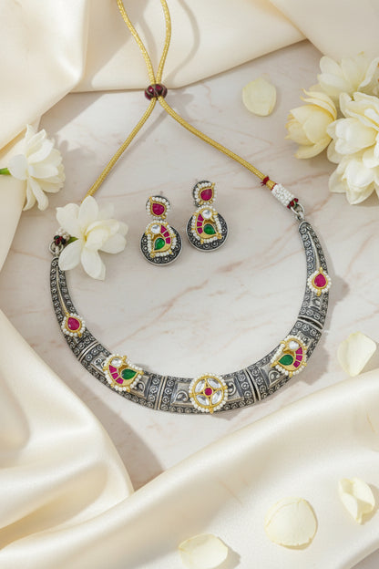 Rajatmayi Pachi Kundan Fusion Heritage Hasli Necklace Set with Earrings | German Silver Traditional Jewellery | Alankrent Luxe