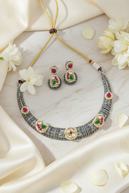 Rajatmayi Pachi Kundan Fusion Heritage Hasli Necklace Set with Earrings | German Silver Traditional Jewellery | Alankrent Luxe