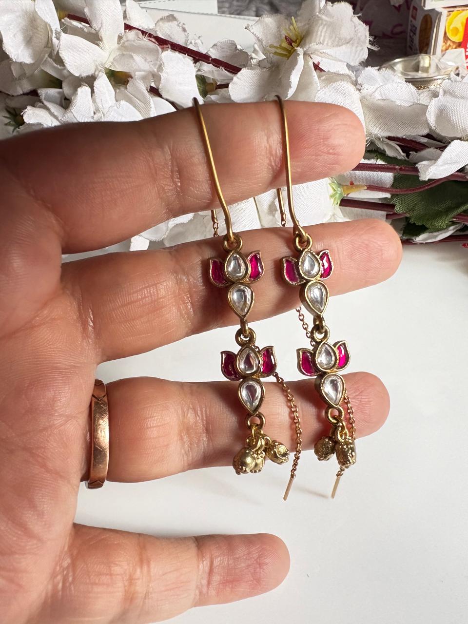 Pushparaga Apala Polish Kundan Sui Dhaga Earrings – Lotus Drop Threader Earrings with Ghungroo for Women