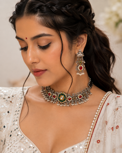 Haripriya Green Kundan Fusion SLA Choker Necklace Set with Earrings | Budget Heritage Jewellery