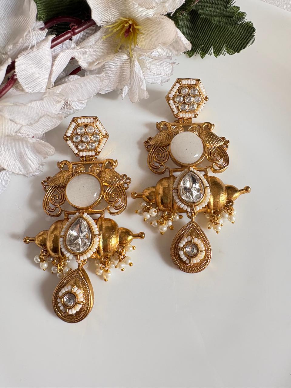 Kesarika Rajwadi Big Stone Earrings | Kundan Fusion Statement Jhumka Earrings