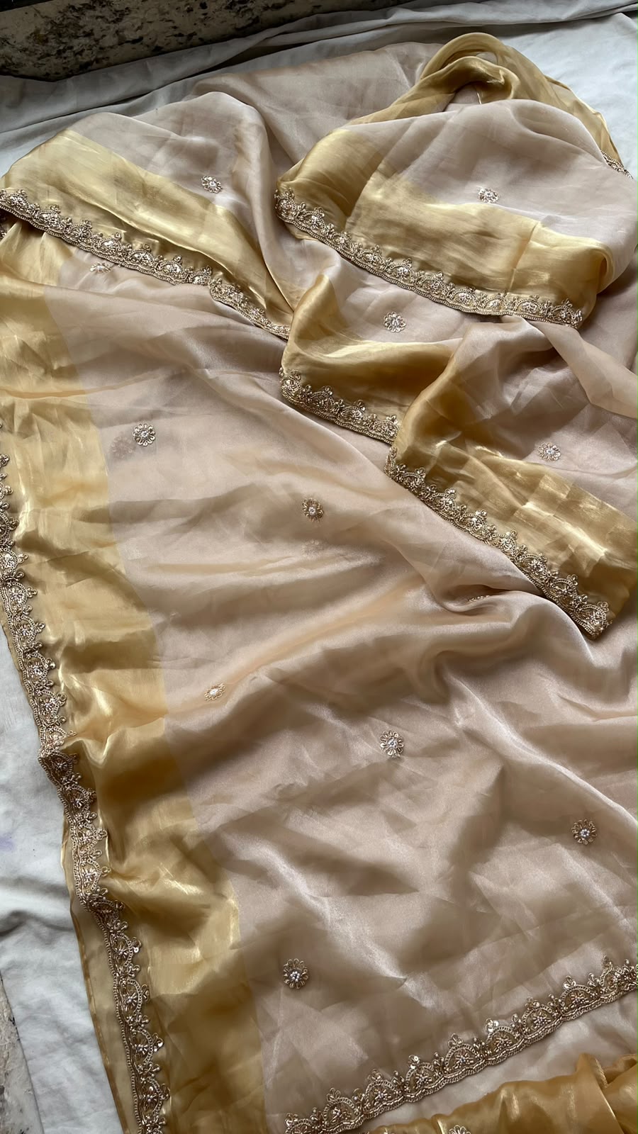Aurelia Noor Champagne Gold Tissue Lycra Saree with Dual Tone Coding Work & Designer Border