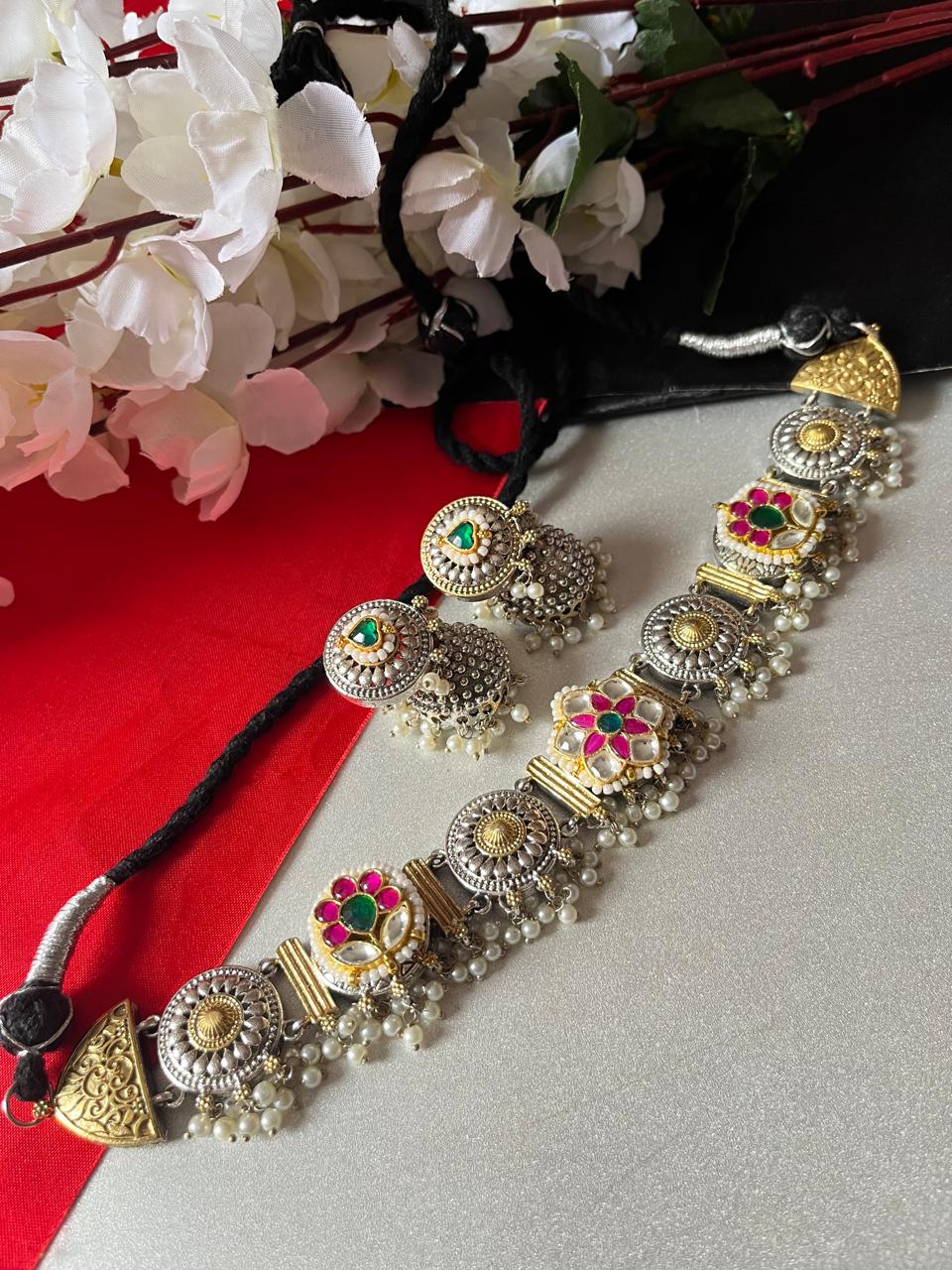 Noorava Dual Tone Kundan Choker Necklace Set with Earrings | Limited Edition