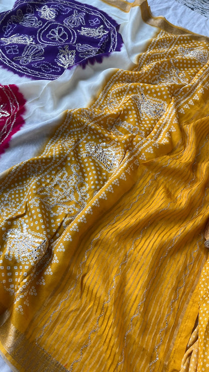 Rangsaaz Multicolour Pure Silk Bandhani Saree with Sequins Work & Banarasi Border