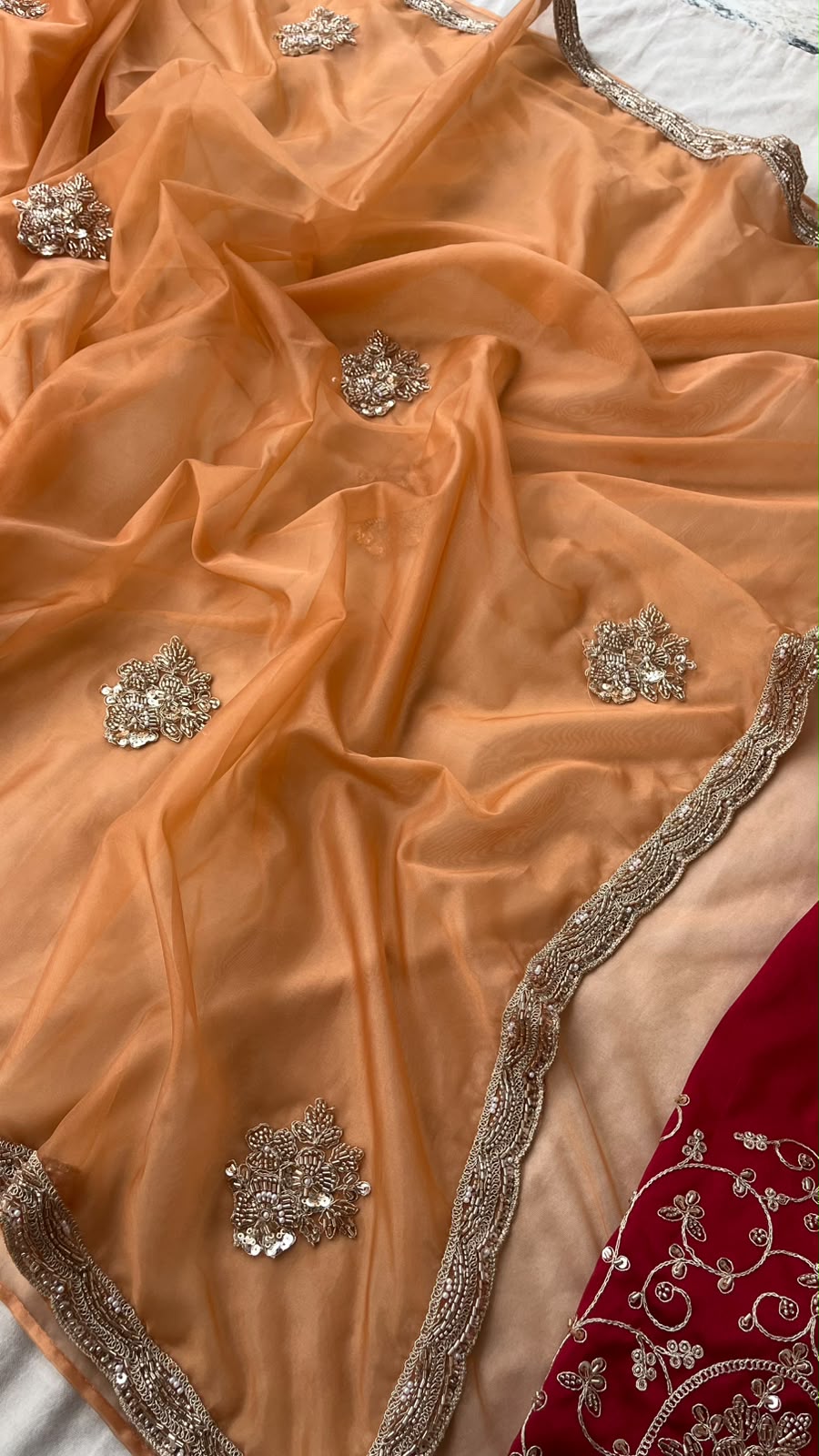 Aarohi Sunehri Tissue Saree | Peach Orange Tissue Saree with Pearl, Sequins & Coding Work and Contrast Silk Blouse
