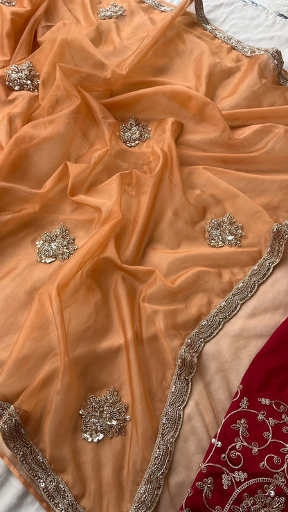 Aarohi Sunehri Tissue Saree | Peach Orange Tissue Saree with Pearl, Sequins & Coding Work and Contrast Silk Blouse