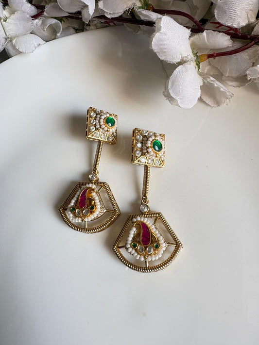 Dual-Tone Kundan Fusion Statement Earrings with Pearl Detailing | Alankrent