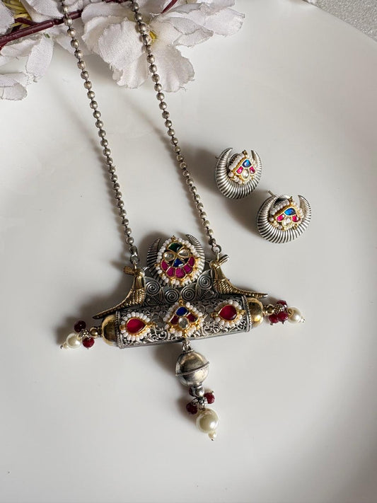 Kundan Fusion Long Dual Tone Necklace Set With Earrings Sla Finish Budget Jewellery Limited Edition Alankrent Ak Kb by Alankrent