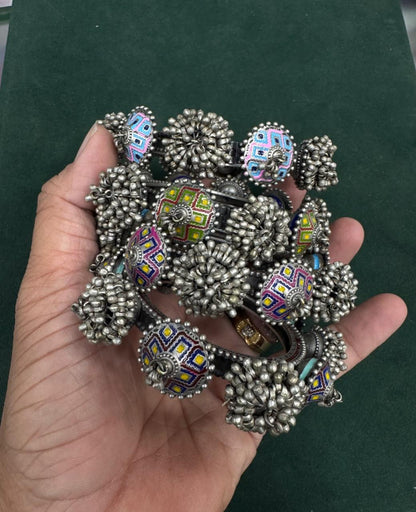 Rangrekha Hand-Painted German Silver Tribal Ghungroo Kada(SINGLE) |  Ethnic Statement Bangle for Women