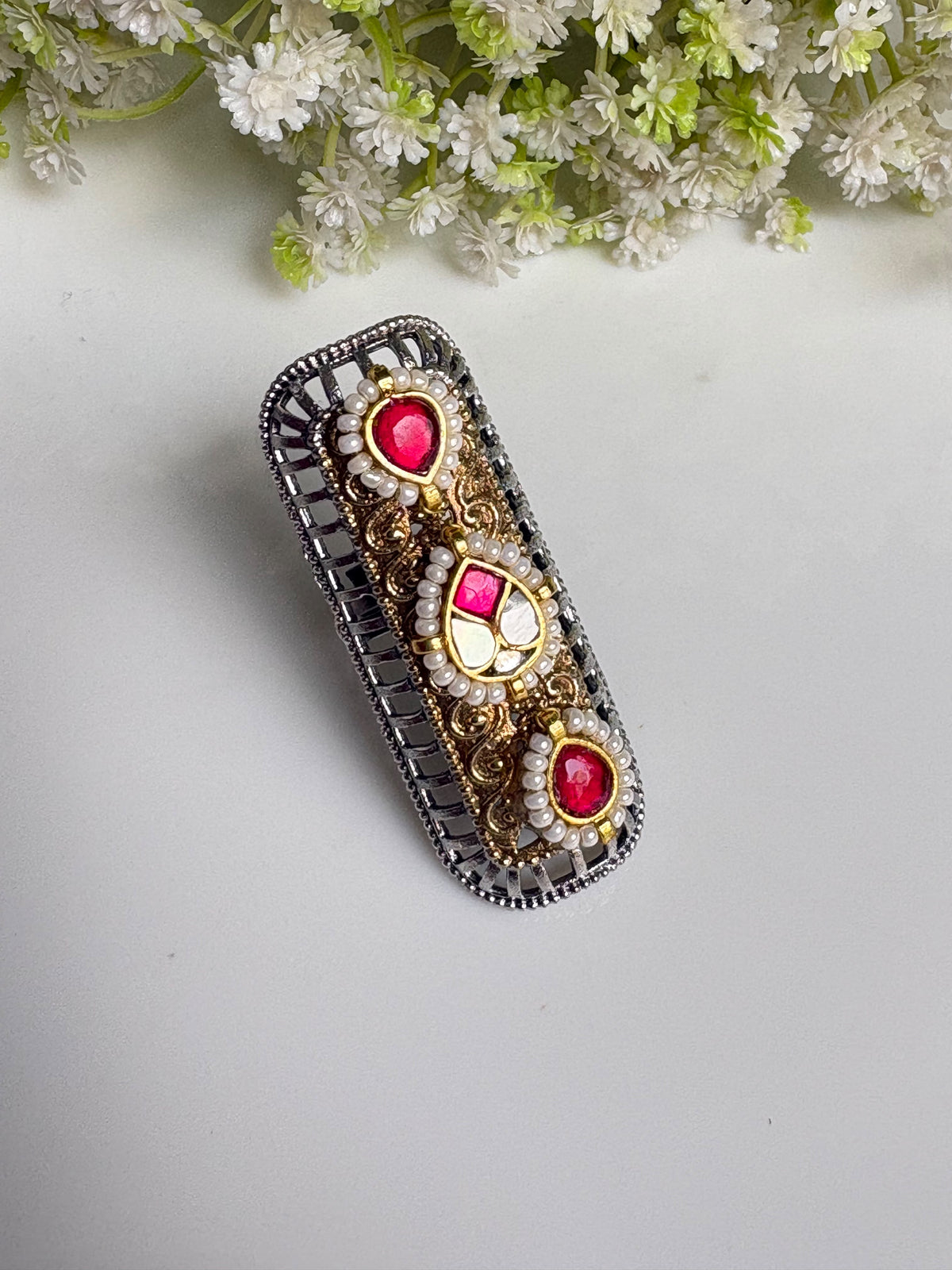 Meher MOP Kundan Fusion Adjustable Ring | Dualtone Kundan Statement Ring